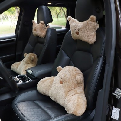 汽車卡通小熊頭枕護頸枕 可愛毛絨車用座椅頭枕靠枕 汽車內飾用品